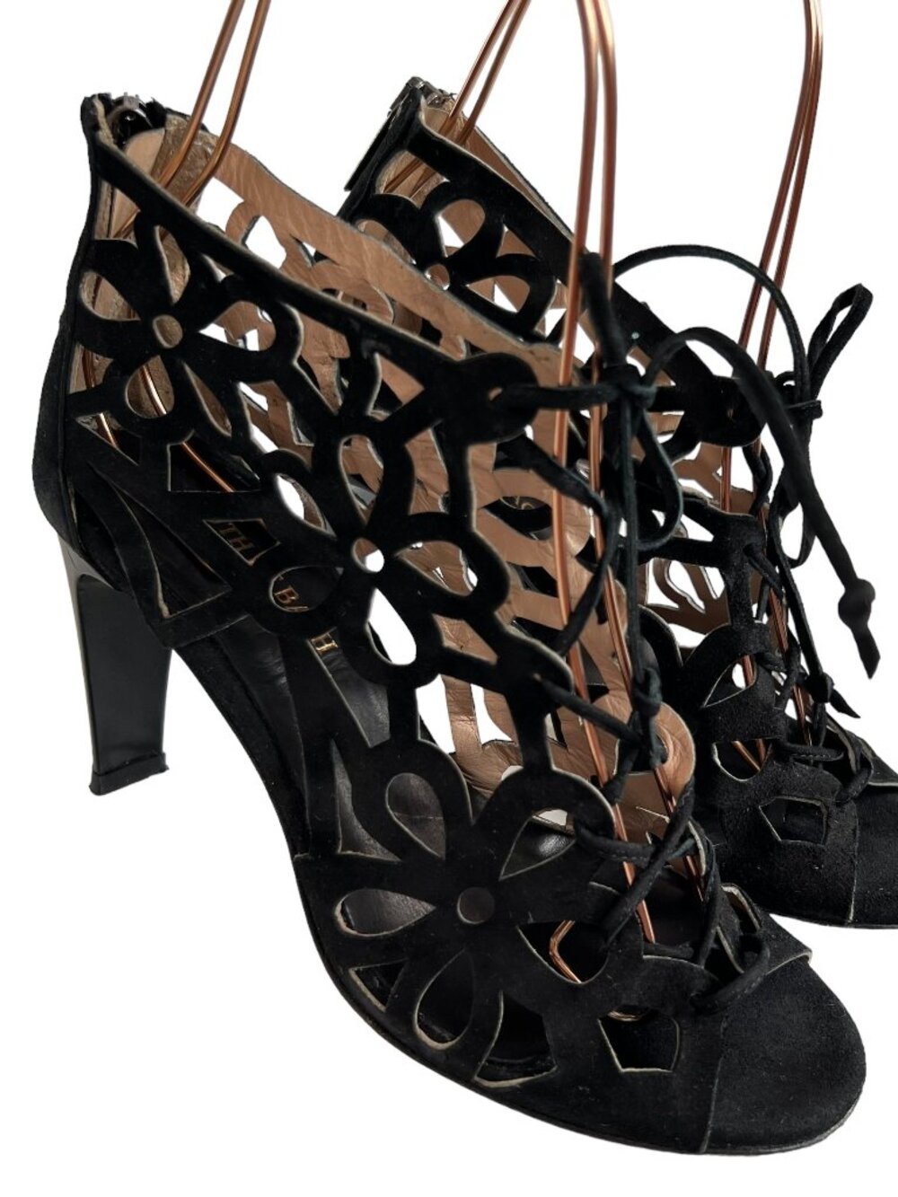 Ruth De Bach high heel sandals black leather lace up cut uts
